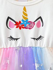 0-3 岁女婴独角兽主题单件套装，独角兽图案搭配渐变色薄纱裙，可爱优雅，适合 0-3 岁女婴春夏季穿着，适合节日、派对和家庭聚会 - 白色 - 查看 4