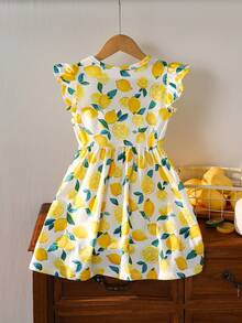 1pc Girls Fruit Lemon All-Over Print Cap Sleeve Dress, Spring/Summer - Yellow - View 3