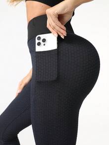 瑜伽基础跑步健身高弹宽腰带运动紧身裤提臀蜂窝高腰女士瑜伽裤长款黑色夏季 - 黑色 - 查看 5