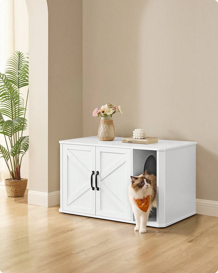Cat Litter Box Enclosure, Hidden Litter Box Furniture, With Front Entry, Double Doors, Handles, Cat House, End Side Table, Modern, 85 X 48.5 X 50 Cm, Cloud White - White - View 1