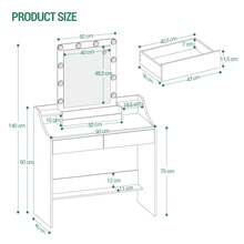 Hzuaneri Dressing Table With LED Lights, Adjustable Brightness, Vanity Table With Mirror, Dresser With 2 Drawers And 2 Open Compartments, Modern, White - White - View 8