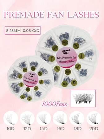 一盒 1000 片 10D/12D/14D/16D/18D/20D 预制卷翘扇形混合睫毛，长度 8-15 毫米，厚度 0.05 毫米，C D 卷翘睫毛延长，手工卷翘睫毛