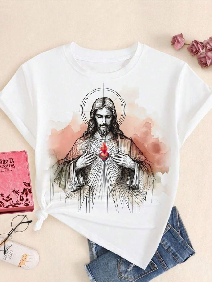 CATHOLIC JESUS SACRED HEART NEW T-Shirt Blouse, Plus Size Evangelical Gospel T-Shirt - trắng - Xem 1