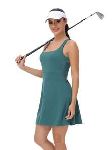 Tennis Golf Dress Yoga Fitness Halter Dress Women's 2-Piece Set Built-In Leggings Detachable Summer Cute Light And Breathable Fashion Women's Dress. - 綠色 - 查看 4