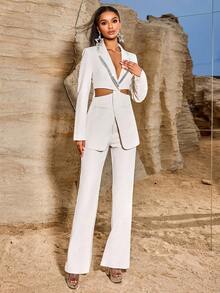 女士奢华水钻镂空扭纹口袋修身长袖节日派对西装外套和低腰喇叭裤 2 件套，非常适合特殊场合