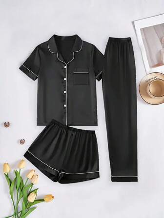 3pcs Women Casual Button Decor Short Sleeve Top, Shorts And Pants Pajama Set