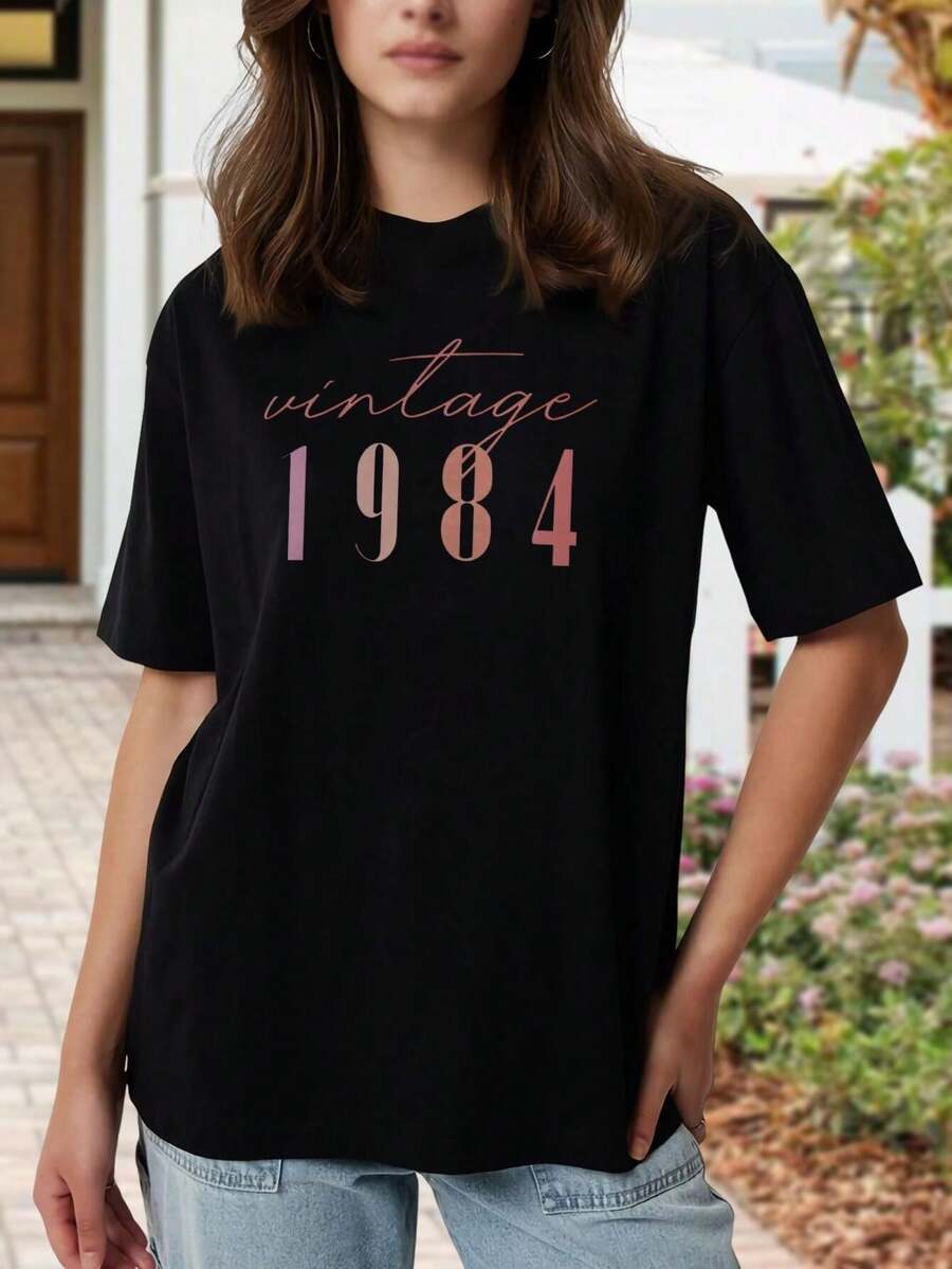 Camiseta vintage para mujer - Camiseta de manga corta retro de los 80, regalo de cumpleaños, regalo de aniversario, camiseta gráfica de moda, camiseta informal - Negro - Ver 1