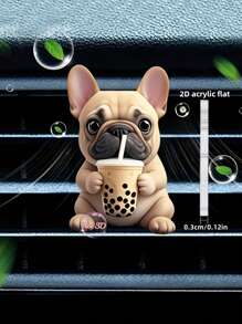 1pc 2D Acrylic Cute French Bulldog Drinking Bubble Tea Car Air Vent Clip, Decorative And Functional Car Accessories