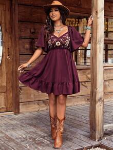 Boho Style Embroidered Square Neck Ruffle Sleeve Short Dress For Women - Red Violet - View 3