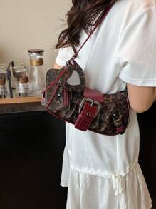 1 buc. Geantă de umăr pentru femei, cu decor retro punk cu nituri, curea reglabilă, capacitate mare, din piele sintetică moale, cu gradient de culoare, potrivită pentru naveta la serviciu, întâlniri, petrecere