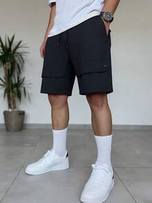 Herren einfarbige Lässig Shorts mit Tunnelzug, Streetwear & Outdoor Sport, Sommer - Schwarz - Übersicht 1
