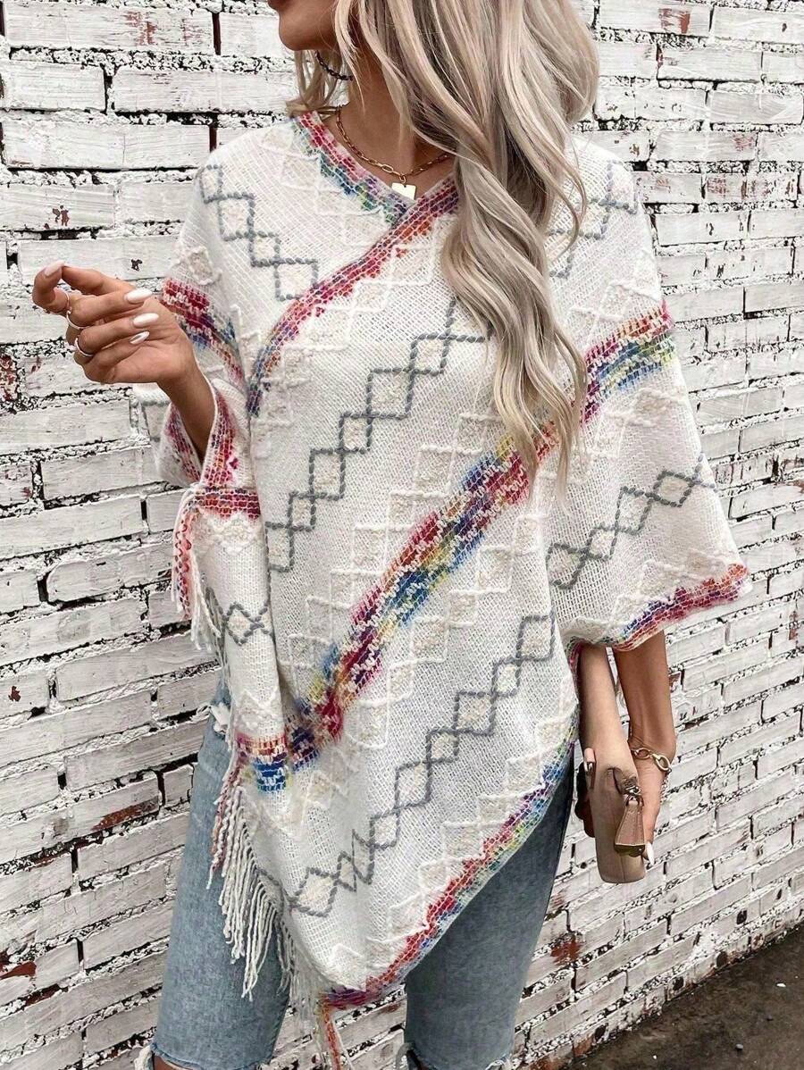 1pc Women Rhombus Pattern Tassel Knitted Poncho Shawl, Warm & Fashionable Casual For Daily Wear