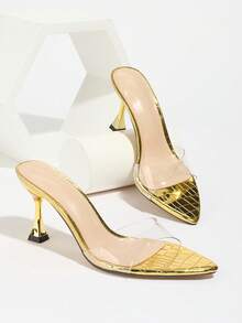 Jin Bei Qi Women Gold High Yellow Heel Mule Shoes, Fashionable Metallic Pointy Toe Slip On Sandals For Party, Night Out And Formal Occasions In Spring & Summer - Gold - View 6