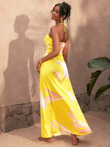 Đầm nữ kiểu tie-dye hở lưng, xoắn, cổ yếm, thanh lịch và gợi cảm, phù hợp cho các bữa tiệc bãi biển, kỷ niệm, hẹn hò hoàng hôn và tiệc cưới mùa xuân. - Màu vàng - Xem 3