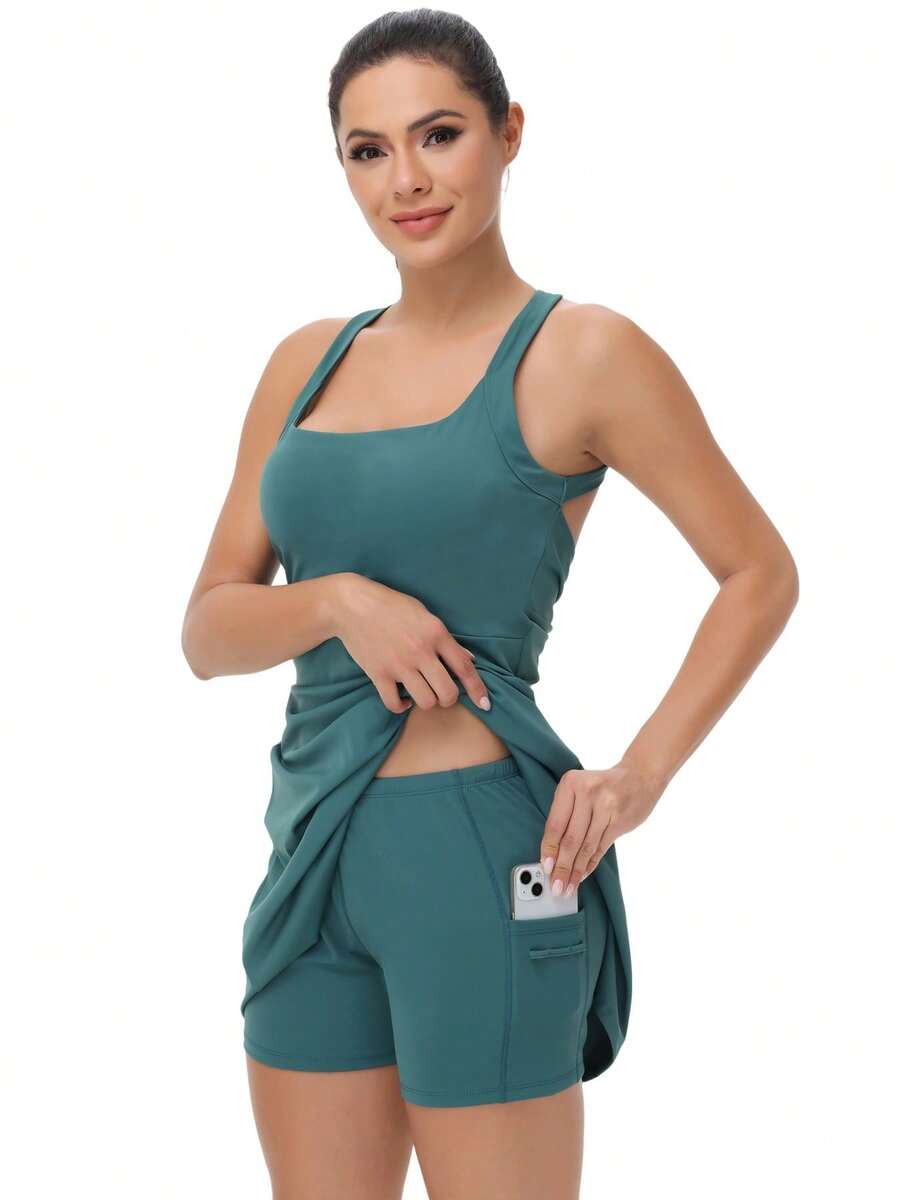 Tennis Golf Dress Yoga Fitness Halter Dress Women's 2-Piece Set Built-In Leggings Detachable Summer Cute Light And Breathable Fashion Women's Dress. - 綠色 - 查看 1