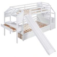 Twin Over Twin Bunk Bed With Storage Staircase, Slide And Drawers, Desk With Drawers And Shelves, White-1810 - Multicolor - View 10