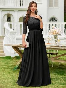 MIUSOL Floral Lace Chiffon Ruffle Hem Maxi Dress, Elegant Ladies Gown, Formal Dress, Suitable For Wedding Guest, Graduation Ceremony, Gala Dinner And Other Occasions Black Spring - Black - View 4