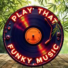 2D 平面 - 1 件复古唱片金属标牌 - 8x8 英寸复古墙面装饰，带有“PLAY THAT FUNKY MUSIC”霓虹灯文字，2D 平面印刷，适合家庭、车库、咖啡厅、餐厅、车库墙面艺术 | 复古墙面艺术 | 金属表面，唱片墙面艺术（随机孔样式） - 彩色 - 查看 4