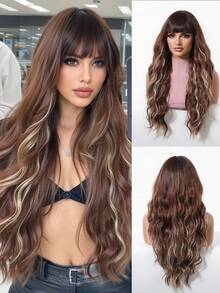 24 Inch Long Wavy Wigs With Bangs Brown Mixed Blonde Wigs For Women Brown Ombre Hair With Blonde Wigs,Heat-Resistant Synthetic Wigs For Daily Party Cosplay Wigs - 彩色 - 查看 2