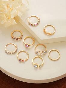 9pcs/Set Minimalist Korean Style Floral, Heart & Rhinestone Decorated Finger Rings Set, Gift For Women, Suitable For Dating, Vacation & Daily Wear - Multicolor - View 3