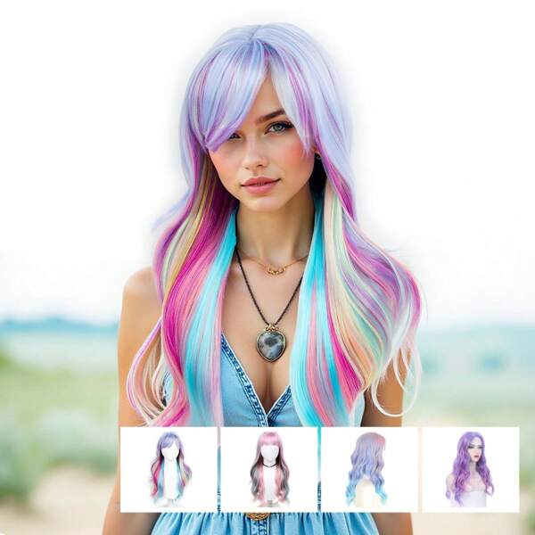 Perruque bouclée et ondulée multicolore avec frange pour femmes et filles, perruque arc-en-ciel Lolita colorée, perruque synthétique résistante à la chaleur pour costume de cosplay, fête de Noël
