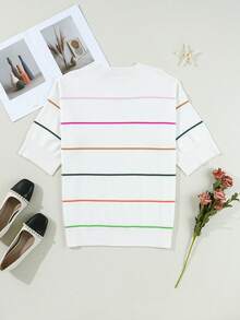 Acelitt Casual Contrast Stripe Off-Shoulder 3/4 Sleeve Ribbed Crew Neck Knit Top, Suitable For All Seasons - Multicolor - View 7