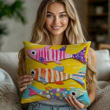 1件夏季涂鸦彩色鱼装饰枕套，单面印花，柔软桃皮绒面料，45*45厘米/50*50厘米/40*40厘米靠垫套，适用于现代布艺沙发室内装饰、派对装饰、礼品 - 彩色 - 查看 9
