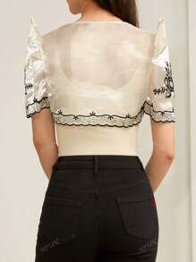 Modern Filipiniana Women Floral Print Frill Short Sleeve Round Neck Open Front Cropped Cardigan, Spring/Summer