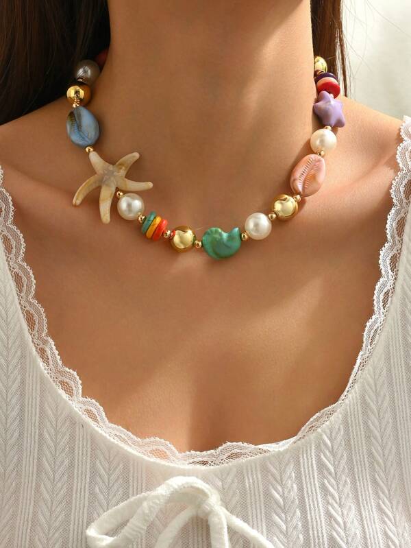 1 pieza Collar de mujer con colgante de estrella de mar y concha con estilo bohemio (color del accesorio al azar)