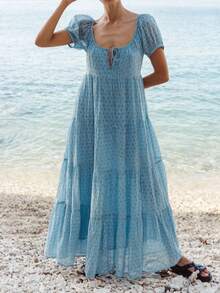 Women Boho Floral Maxi Dresses Summer Puff Sleeve Self-Tie Square Neck Beach Swing Tiered Casual Flowy Long Dress - 藍色 - 查看 2