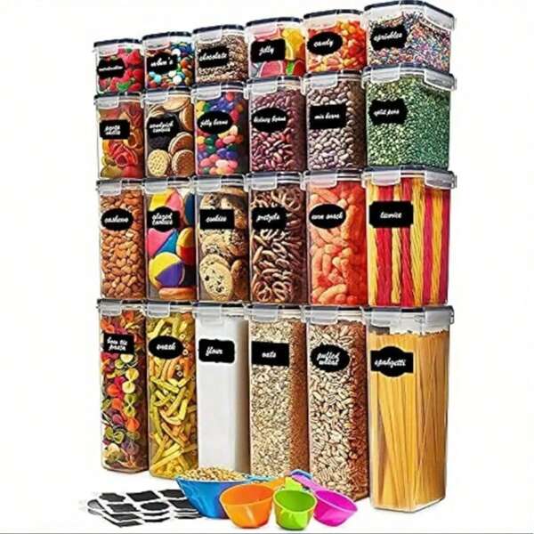 Airtight Food Storage Containers With Lids, Vtopmart 24 Pcs Plastic Kitchen And Pantry Organization Canisters For Cereal, Dry Food, Flour And Sugar, Includes 24 Labels,Black