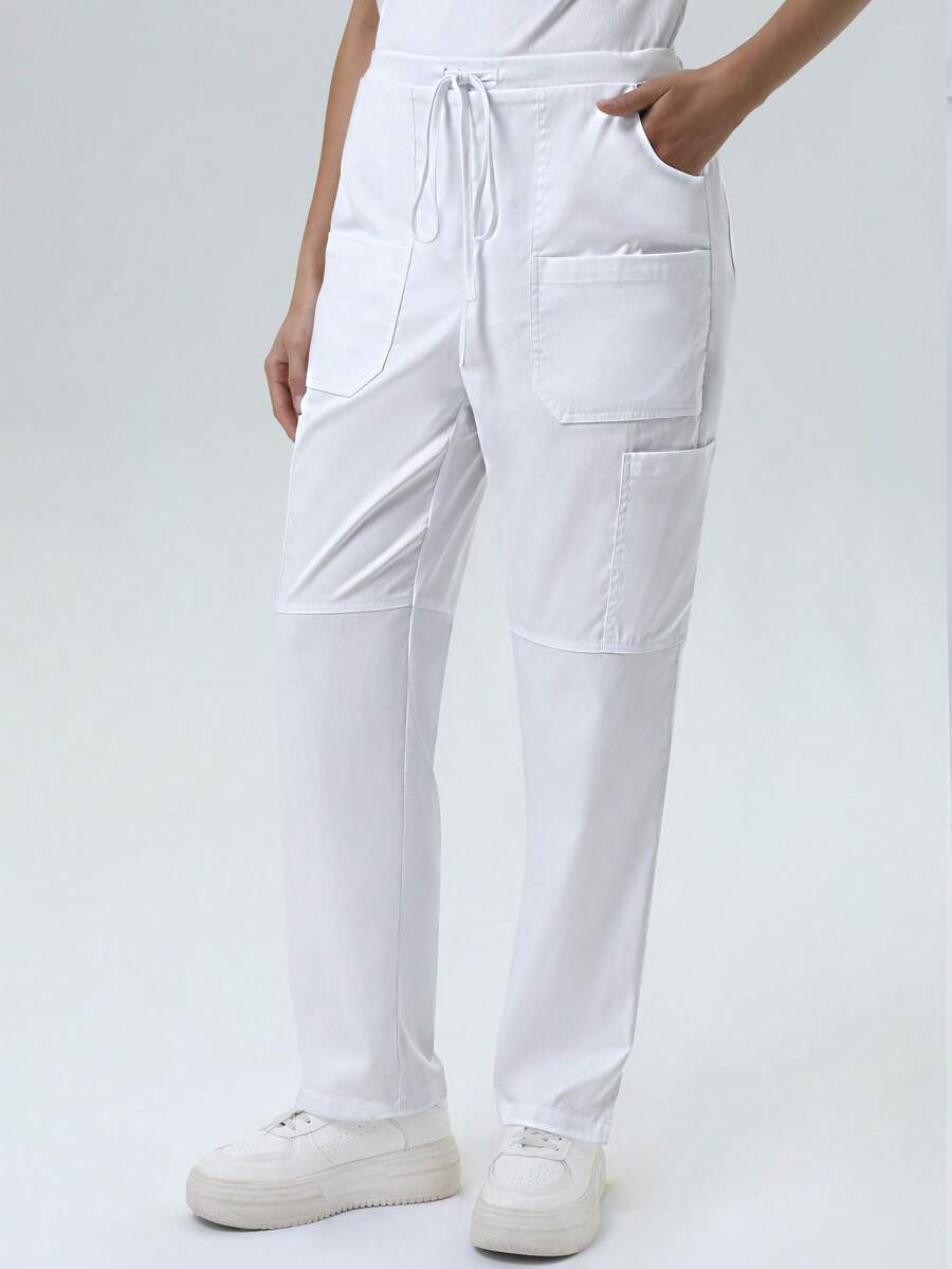 Pantalones de enfermería para mujer de unicolor, simples, con múltiples bolsillos, cómodos, de primavera en color blanco - Blanco - Ver 1
