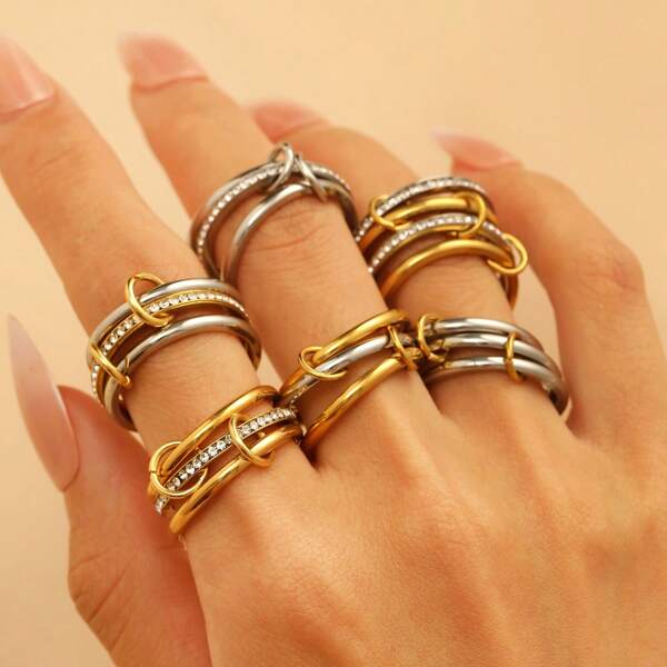 Elegant Geometric Minimalist Bicolor Gold & Silver Design 18K Plated Stainless Steel Stackable Separable Link Rings, Fashion Jewelry For Women, Everyday & Party Wear
