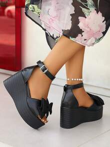 女士加大码时尚蝴蝶结厚底防水坡跟露趾踝带凉鞋，百搭优雅轻便坡跟鞋，适合派对、春夏及旅行必备 - 黑色 - 查看 8