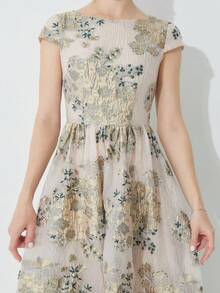 Elegant Women's Ditsy Floral Long Party Dress, Organdy Jacquard Fabric, Spring/Summer, Prom Dress