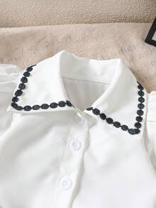 2pcs Baby Girls Casual Puff Sleeve Shirt+Plaid Ruffle Skirt Outfit, Suitable For Spring/Summer Outdoor - White - View 3