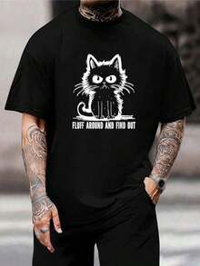 Camiseta divertida de gato para hombre - Fluff Around Find Out - camiseta gráfica de moda, cuello redondo, cómoda mezcla de algodón - Regalo único para marido, novio, padre - Negro - Ver 1