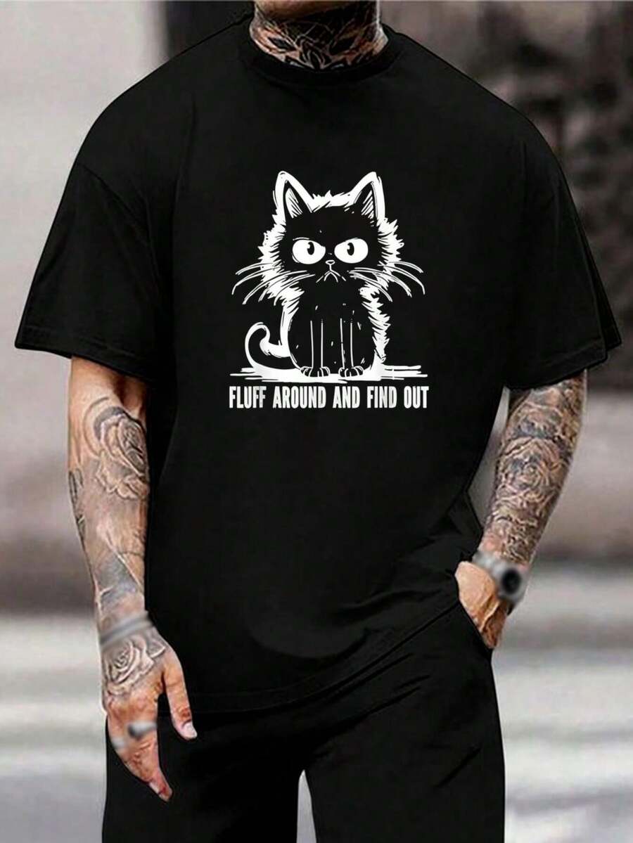 Camiseta divertida de gato para hombre - Fluff Around Find Out - camiseta gráfica de moda, cuello redondo, cómoda mezcla de algodón - Regalo único para marido, novio, padre - Negro - Ver 1