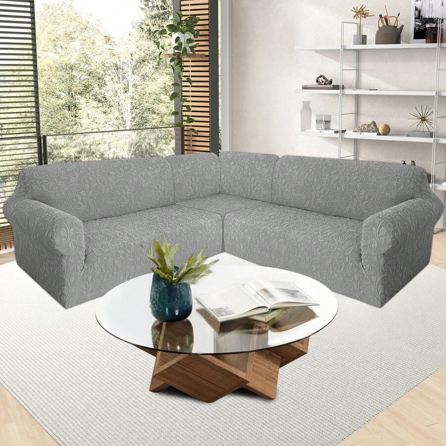 5 Seat Sofa Cover L Shape Recliner Sofa Covers, 3-Piece L Shape Corner Sectional Couch Sofa Cover Knitted Jacquard Lounge Stretch Printed Curved Elastic Recliner Sofa Furniture Slipcover Printed Protector For Home Living Room - Màu Xám nhạt - Xem 1