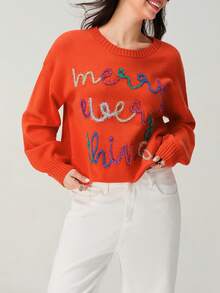 Women's Christmas Ribbed Sweaters Contrast Color Letter Long Sleeve Round Neck Knitted Tops - Red - View 3