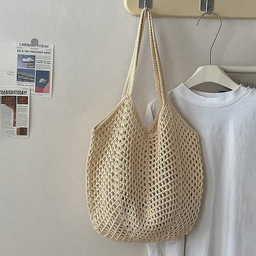 Women Beach Tote Bag, Hollowed Crochet Shoulder Bag Large Capacity Handbag Summer Pool Bag - Beis - Ver 1