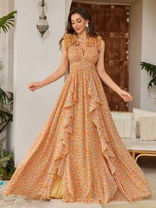 [Thiết kế hoa ngẫu nhiên] Váy phù dâu trang trọng không tay hở lưng chữ V sâu, họa tiết hoa, xẻ tà bất đối xứng, xếp nếp bằng vải voan thanh lịch - Màu vàng - Xem 3