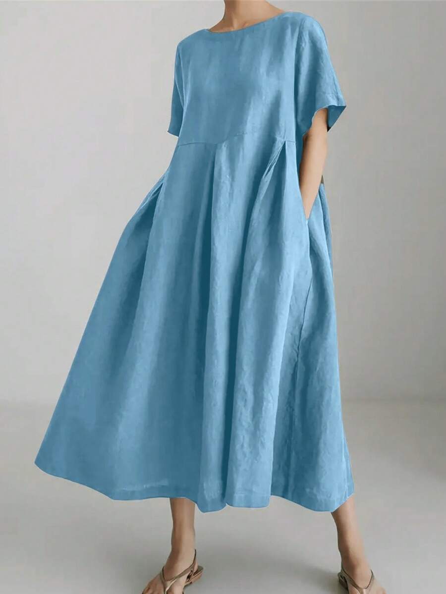 Đầm linen nữ dáng rộng, thanh lịch, đơn giản, thoải mái, tay ngắn, cổ tròn, màu trơn, dáng dài, thoải mái, thích hợp cho mùa hè. - Màu xanh lam - Xem 1