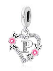 HuooNew 1pc 925 Sterling Silver Heart Shape Letter Inlaid Cubic Zirconia DIY Pendant, Suitable For Men & Women, Party/Gift