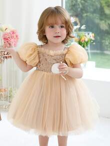 女婴香槟色泡泡袖亮片网纱优雅金色连衣裙，圣诞公主裙，适合作为女婴一周岁生日礼物、婚礼花童、派对、节日庆典礼服 - 香檳色 - 查看 8