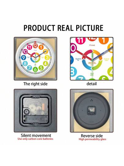 An 10 Inch Teaching Klok Battery Powered, 12 Hour Large Number Learning Telling Time, Multiple Partitions Easy To Learn Silent Clock, Living Room, Bedroom, Children's Playground, Classroom ation, Holiday (No Battery) Wand Bedroom Dormitory Back School Surprise Home Supplies view 7