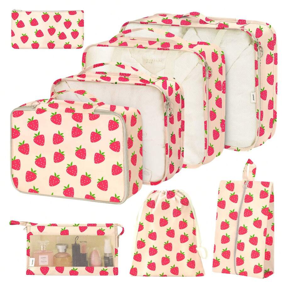 8-Piece Packing Cubes,Travel Clothes Storage Bags,Luggage Packing Organizers, Foldable, With Zipper, Shoe Tidy Pouch , For Suitcases, Back To School, Travel, Vacation Essentials, Travel Accessories,Pack Your Luggage With Ease - 草莓 - 查看 1