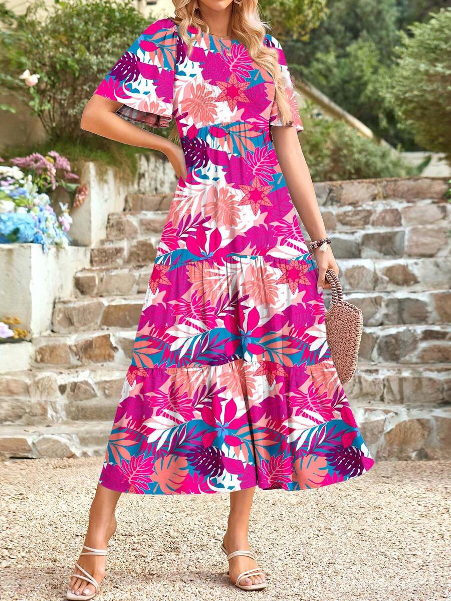 Women's Spring/Summer Casual Flutter Short Sleeve Midi Dress Cowl Layered Out Dresses - In màu hồng - Xem 1