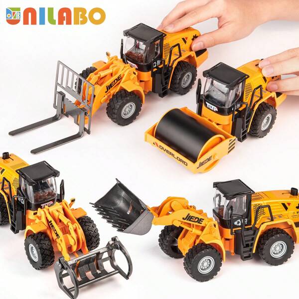 Veicoli da costruzione in lega di scala 1:40 con meccanismo ad inerzia: escavatore, bulldozer, rullo compattatore, pinza per tronchi, carrello elevatore, camion pianale per il trasporto, camion da ingegneria con funzione di retromarcia, giocattoli duraturi come regalo di compleanno per bambini