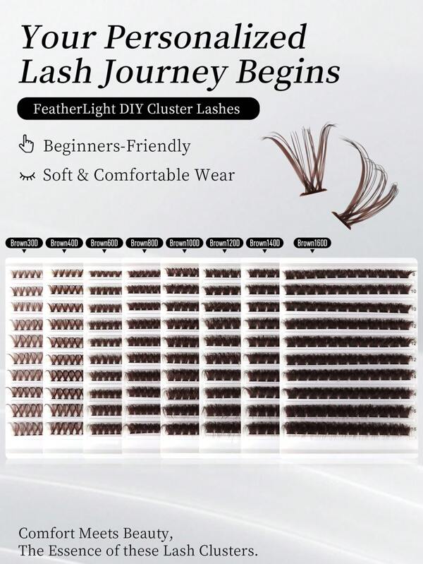 200PCS D Curl Natural Look 30D/40D/60D/80 D/100D/120D/140D /160D Mix Dense Brown Eyelashes For Beginner, High Capacity Eyelashes Book, Artificial Manga Classic False Segment Lases, Long Lasting For Eye Makeup Cluster Lashes For Daily Wear, Party, Wedding, Christmas, Bridal Dramatic Eye Makeup, Carnival, Cosplay, Beginner Friendly False Lashes